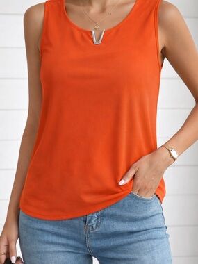 Calvin Klein Orange Sleeveless Blouse Medium Metal Detail Top Stretch Minimalist
